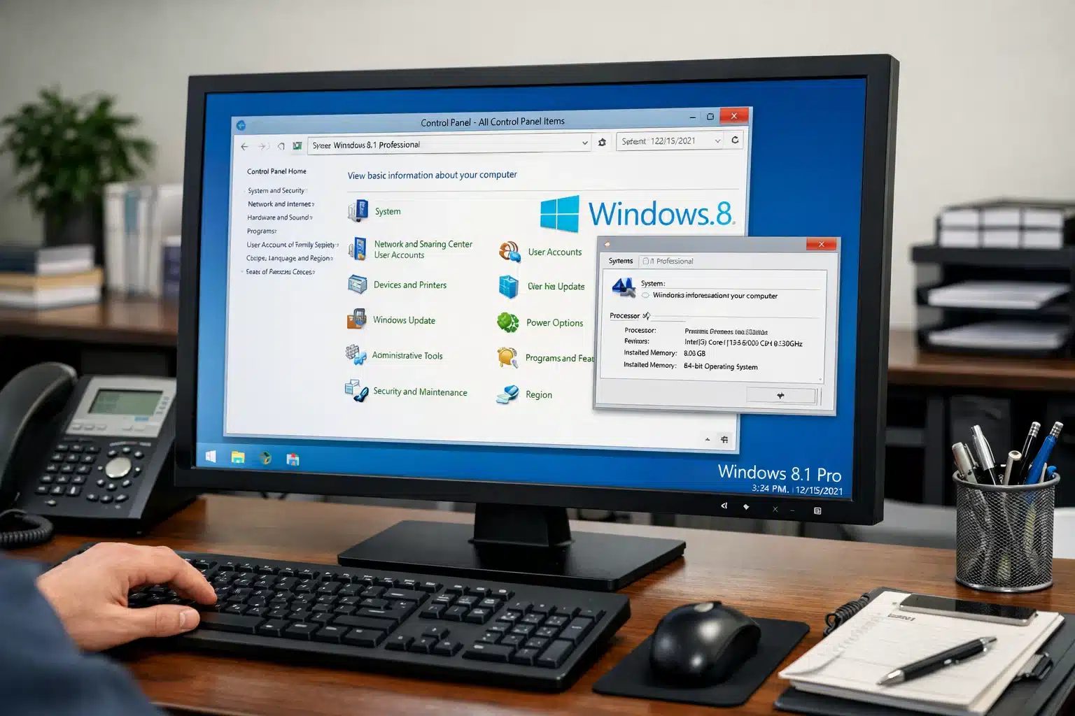 Escena de uso de Windows 8.1 Professional en oficina para tareas administrativas y configuración del sistema