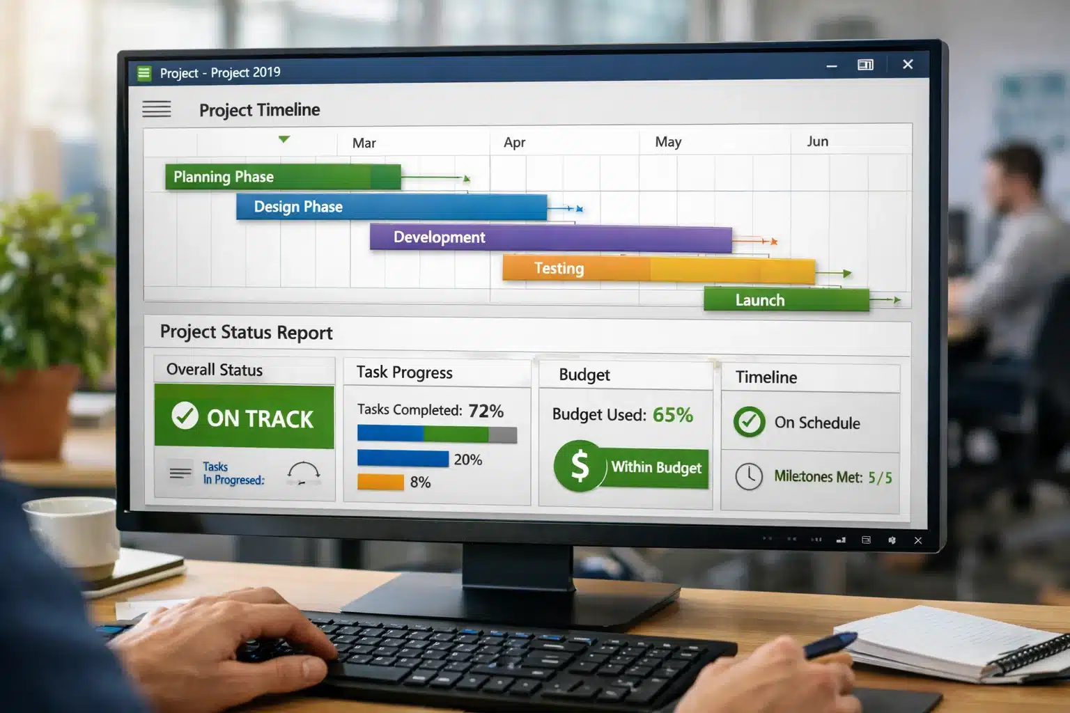 Escena de uso de Project 2019 mostrando línea de tiempo y progreso para reportes de estado