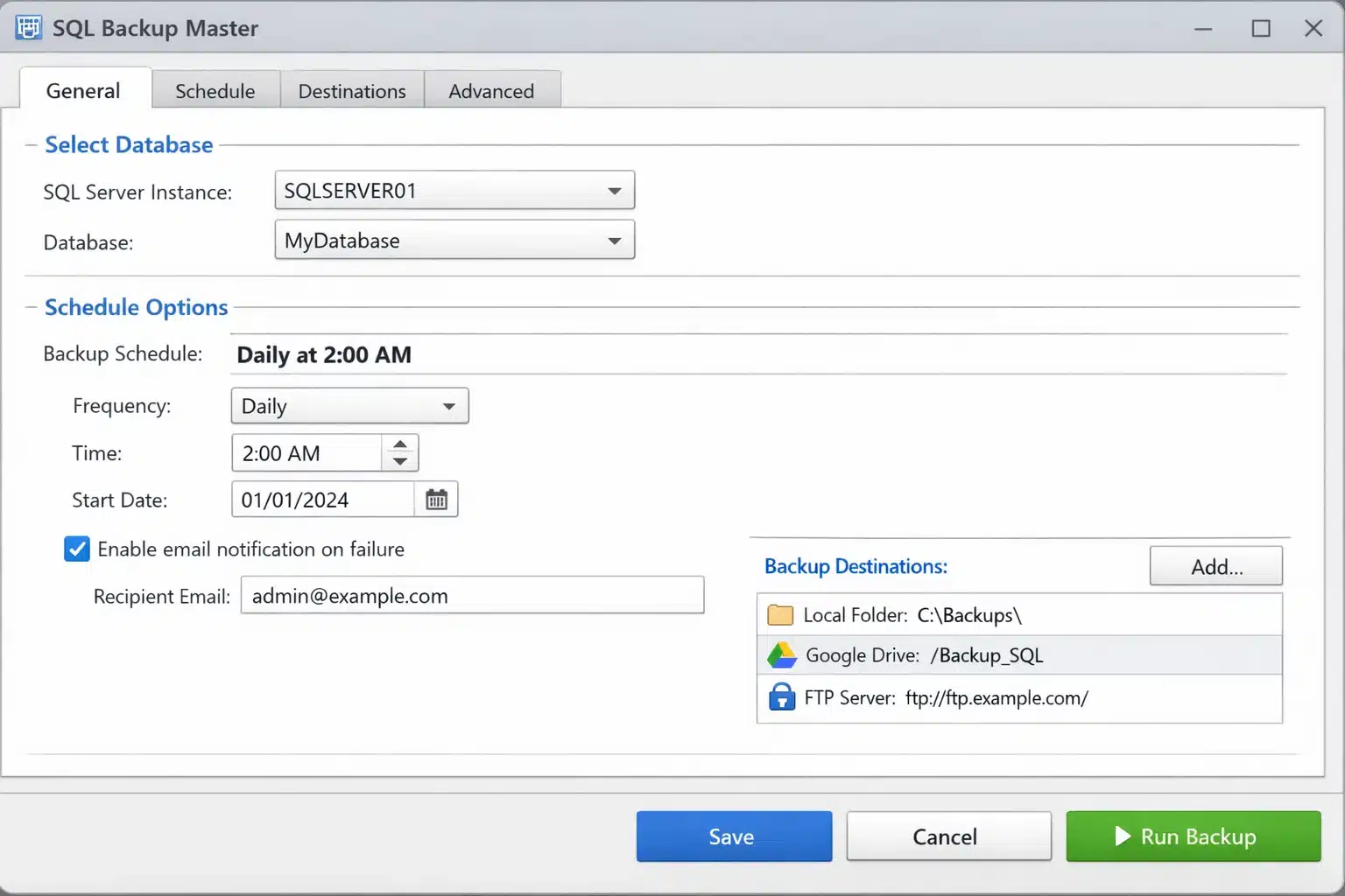 Captura de interfaz de SQL Backup Master configurando un job de backup para SQL Server