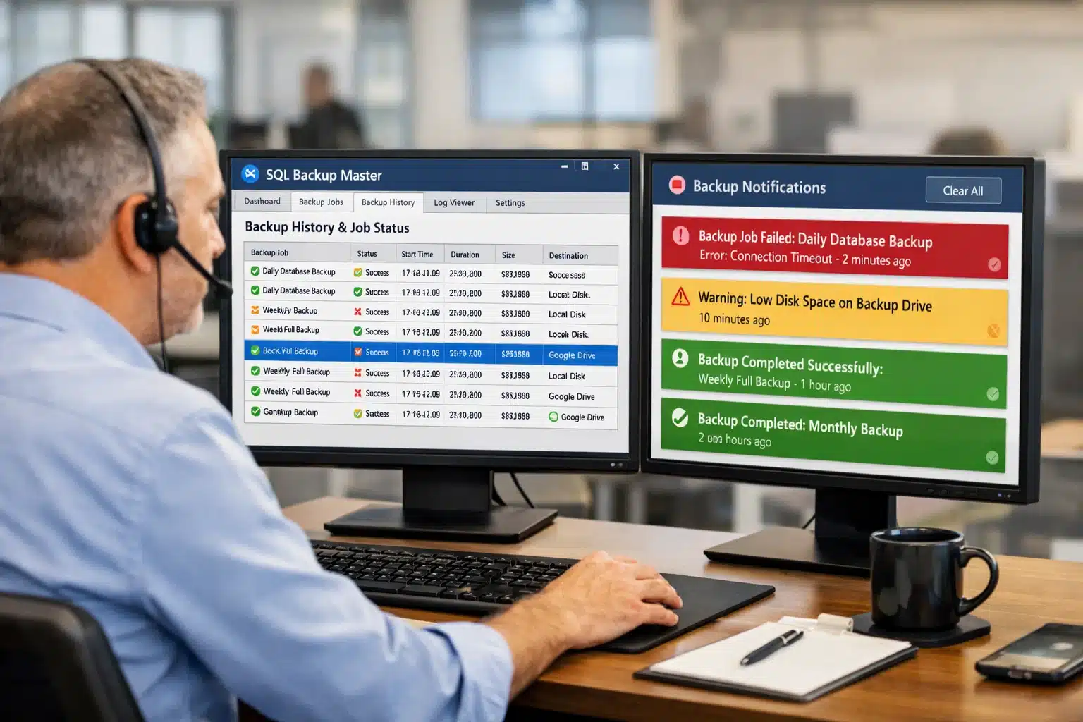 Escena de uso de SQL Backup Master mostrando historial de ejecuciones y notificaciones de backups