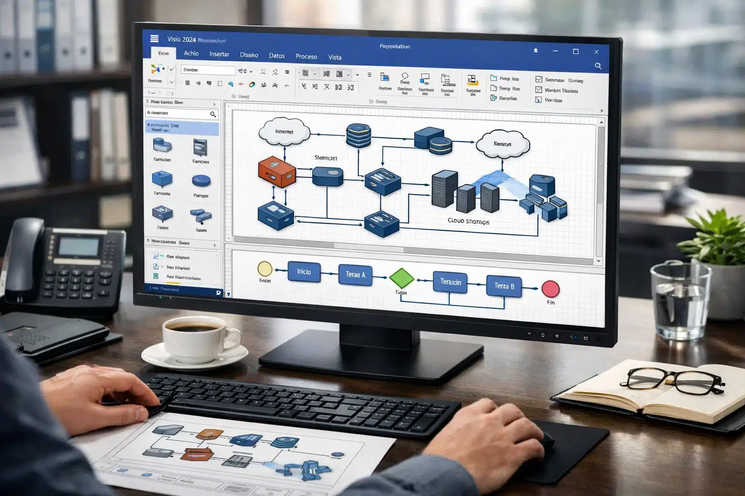 Escena de uso de Visio 2024 Professional para diagramas técnicos y procesos en un entorno de trabajo