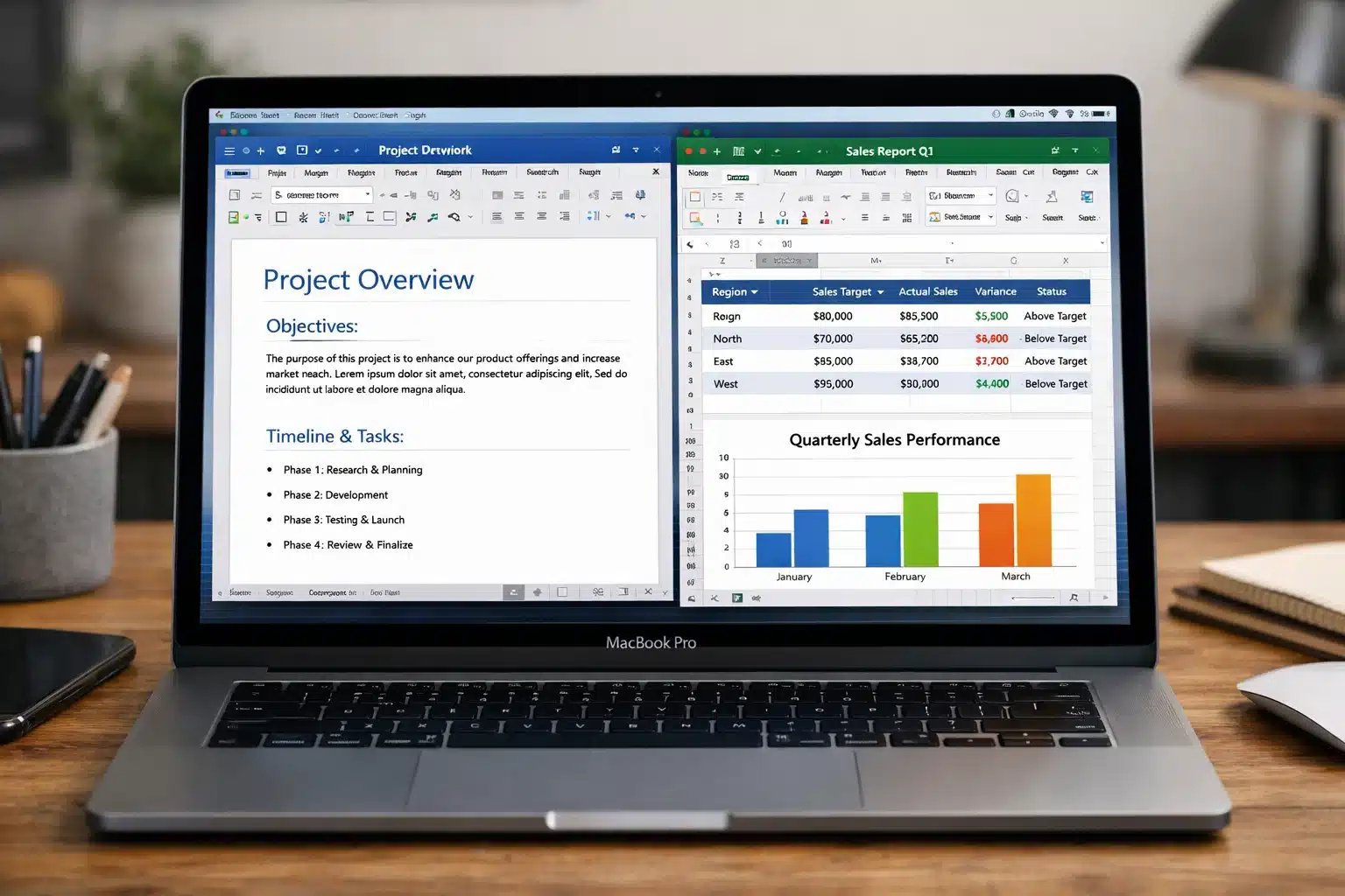 Escena de uso en Mac con Word y Excel de Office 2024 abiertos para documentos y planillas
