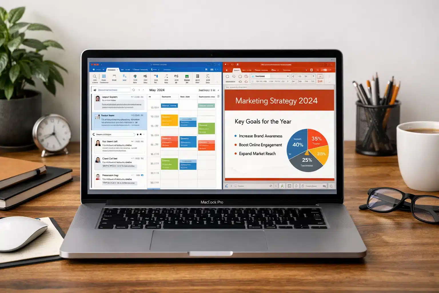 Escena de productividad en Mac con Outlook y PowerPoint de Office 2024 para correo, calendario y presentaciones