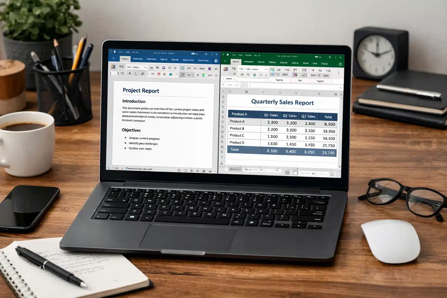 Escena de uso de Microsoft 365 con Word y Excel en una notebook para tareas de trabajo y estudio