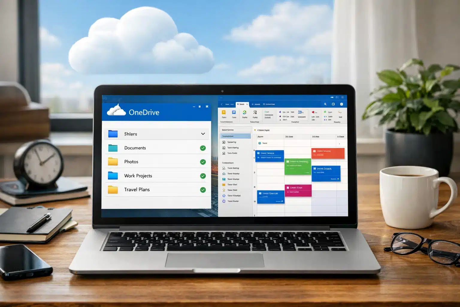 Escena de productividad con OneDrive y Outlook mostrando nube, correo y calendario durante la suscripción