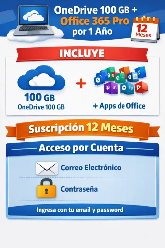 Microsoft OneDrive 100GB + Office 365 Pro – 12 Meses (Cuenta)