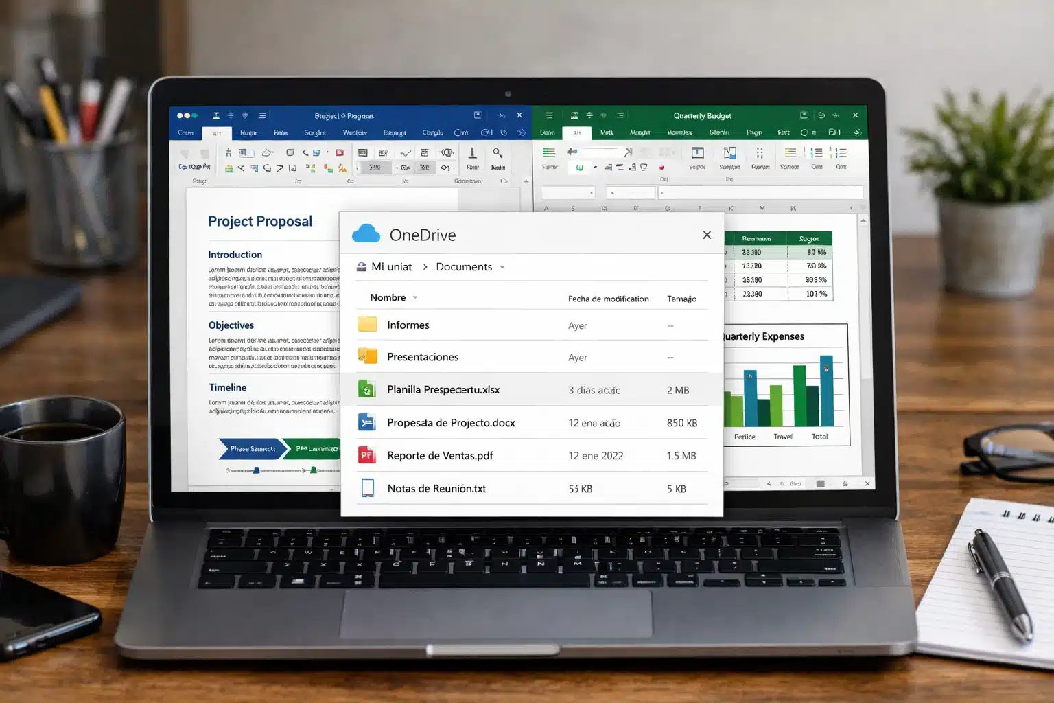 Escena de uso con aplicaciones de Office trabajando en documentos y planillas con archivos guardados en OneDrive