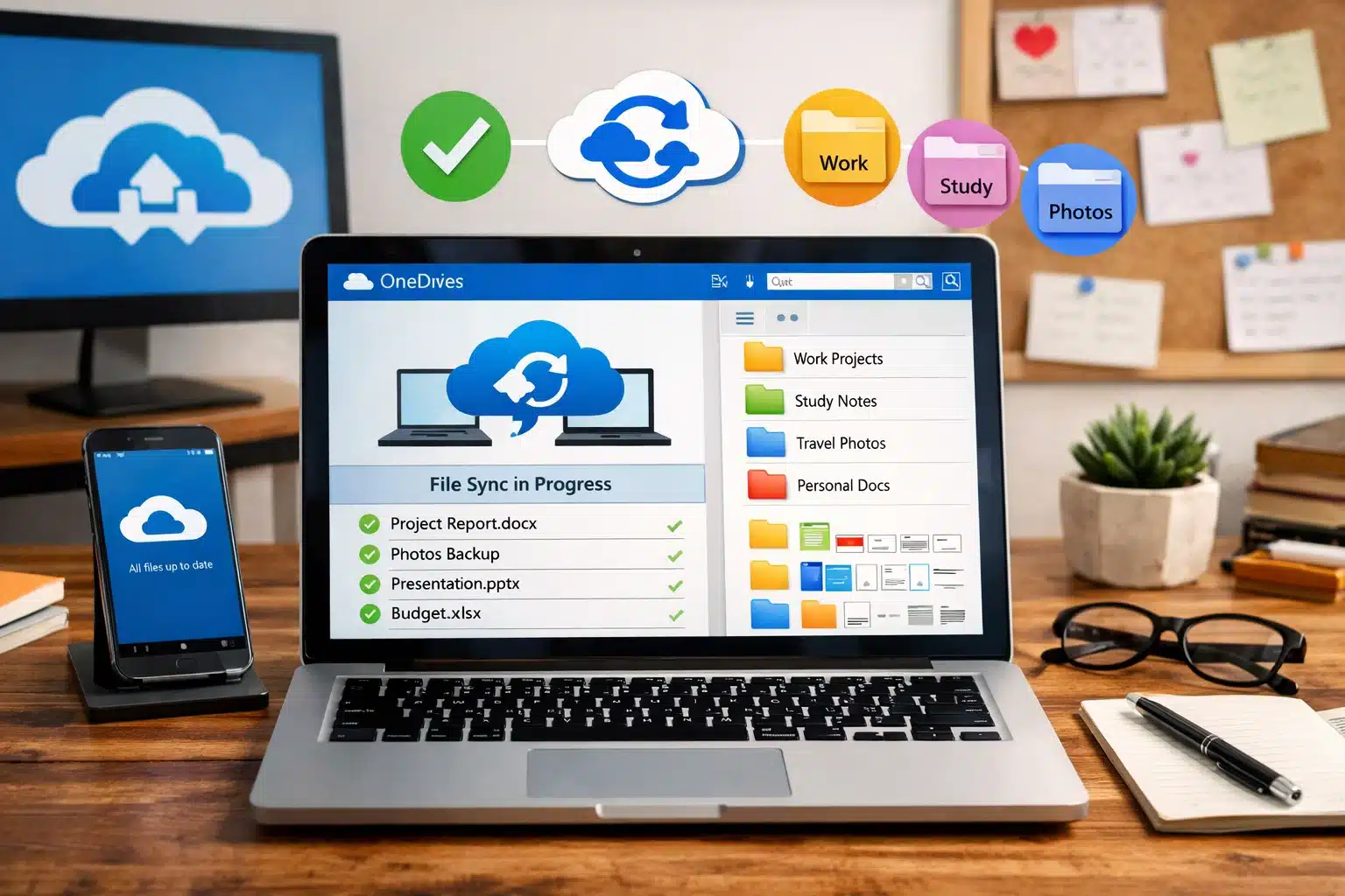 Escena de productividad mostrando sincronización en OneDrive y organización de archivos para trabajo y estudio