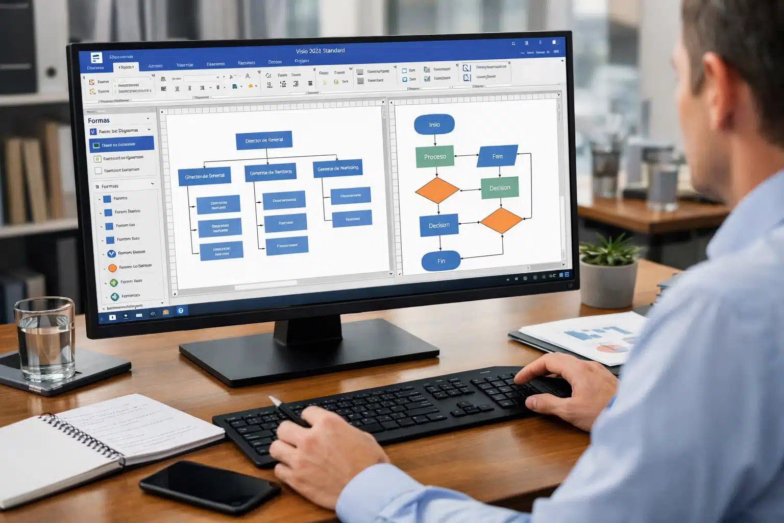 Escena de uso de Visio 2024 Standard para organigramas y diagramas de procesos en un entorno de trabajo