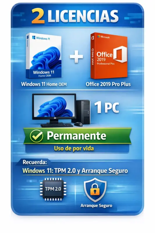 Combo Windows 11 Home OEM + Office 2019 Pro Plus — Permanente — 1 PC — 2 Licencias (Licencia digital)
