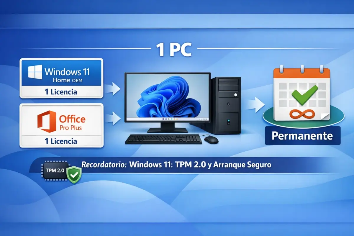 Combo Windows 11 Home OEM + Office 2019 Pro Plus — Permanente — 1 PC — 2 Licencias (Licencia digital)