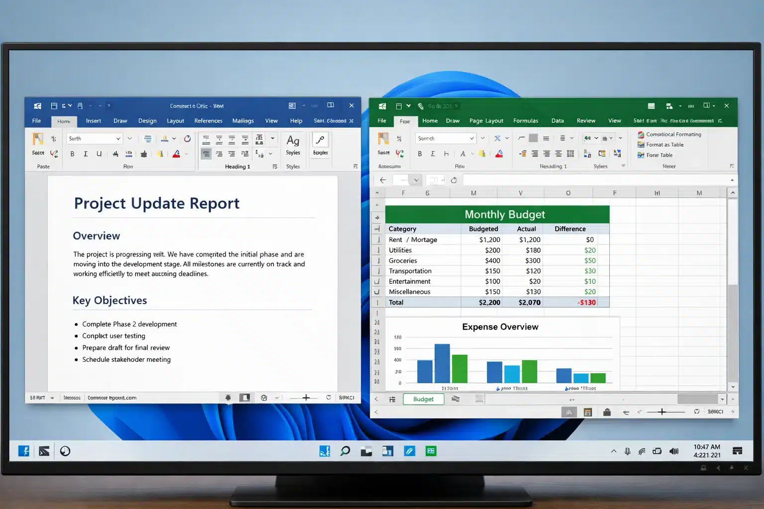 Escena de escritorio Windows 11 con aplicaciones de Office 2019 en uso para documentos y planillas