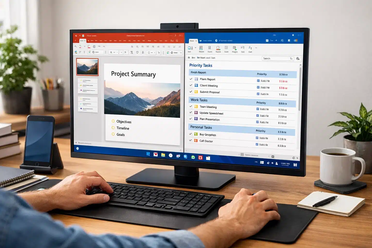 Escena de productividad en Windows 11 usando Office 2019 para trabajo, estudio y tareas de oficina