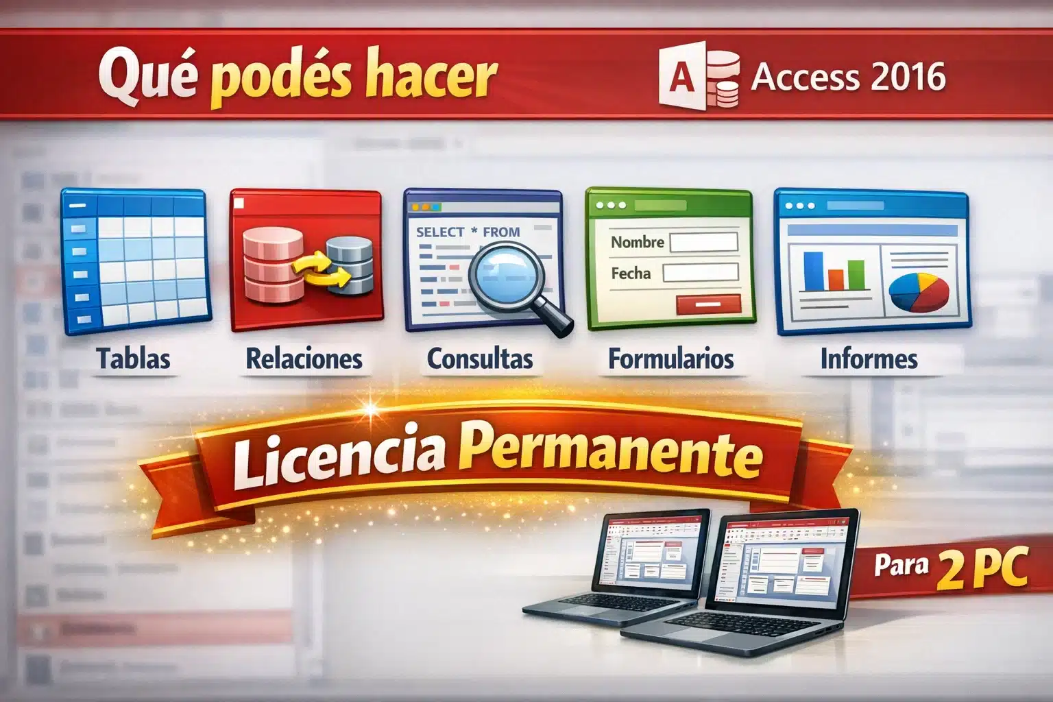 Infografía de Access 2016 con tablas, consultas, formularios e informes, licencia permanente para 2 PC