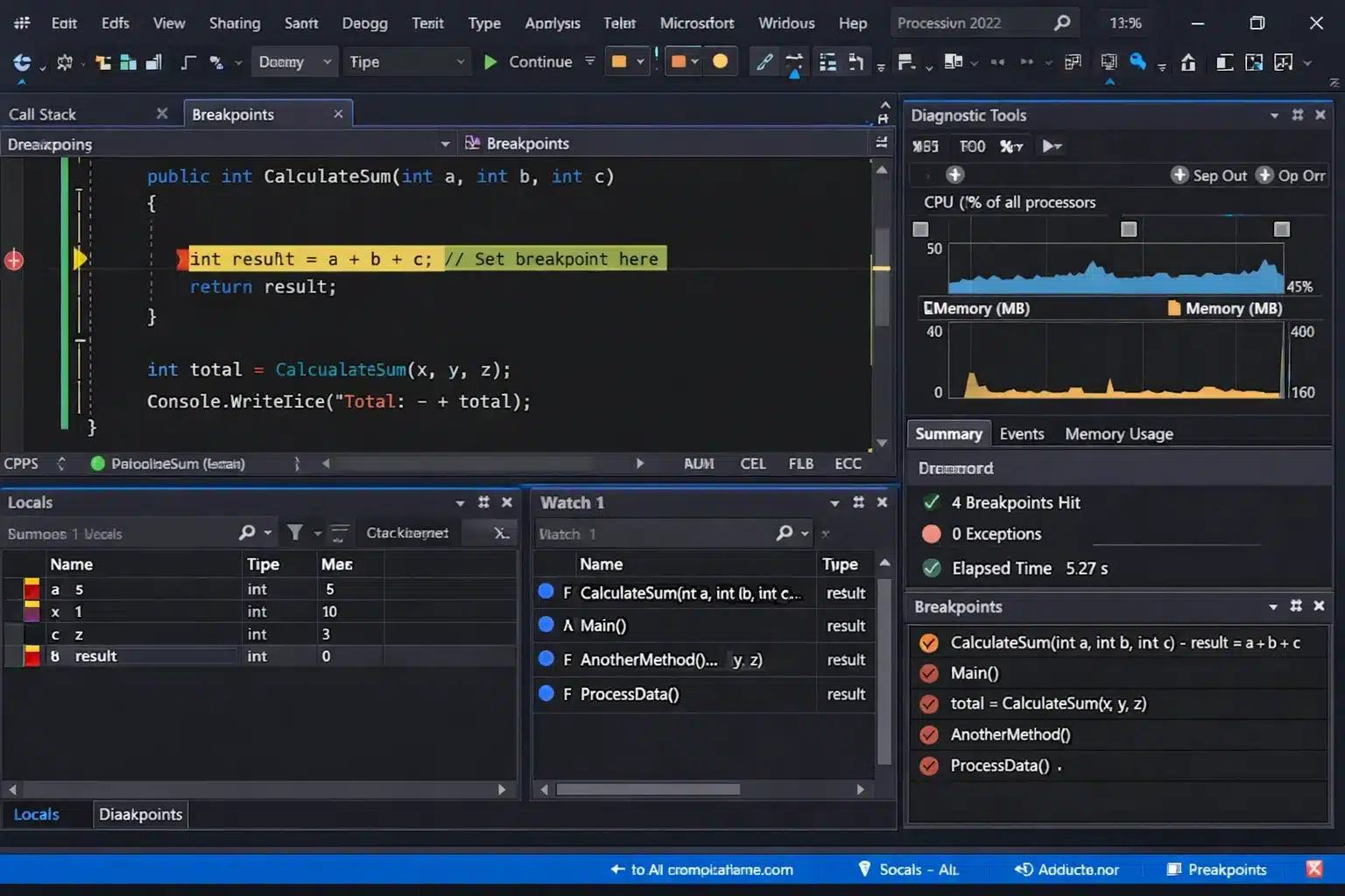 Herramientas de depuración en Visual Studio 2022 mostrando breakpoints y variables