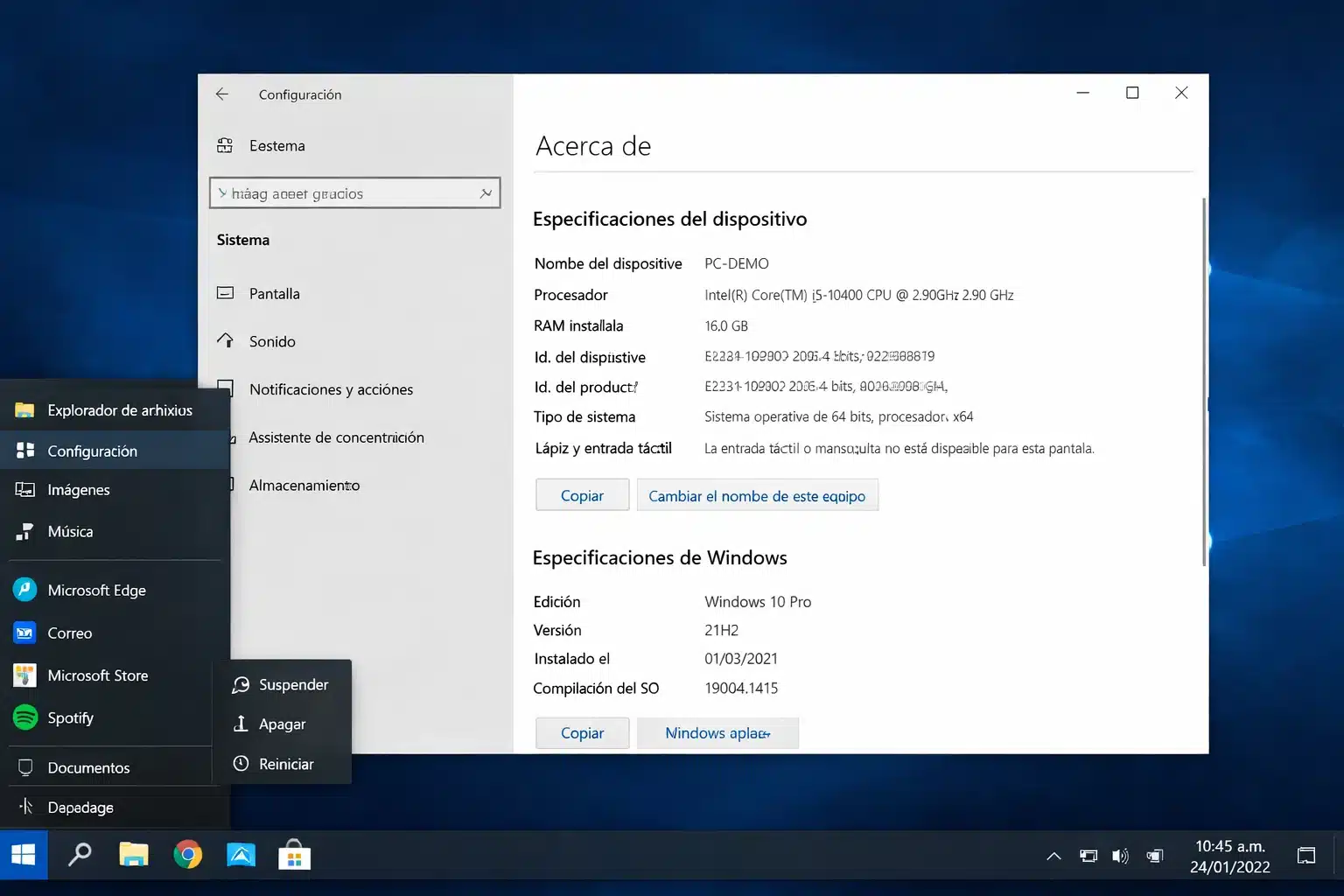 Pantalla de Configuración de Windows 10 mostrando información del sistema