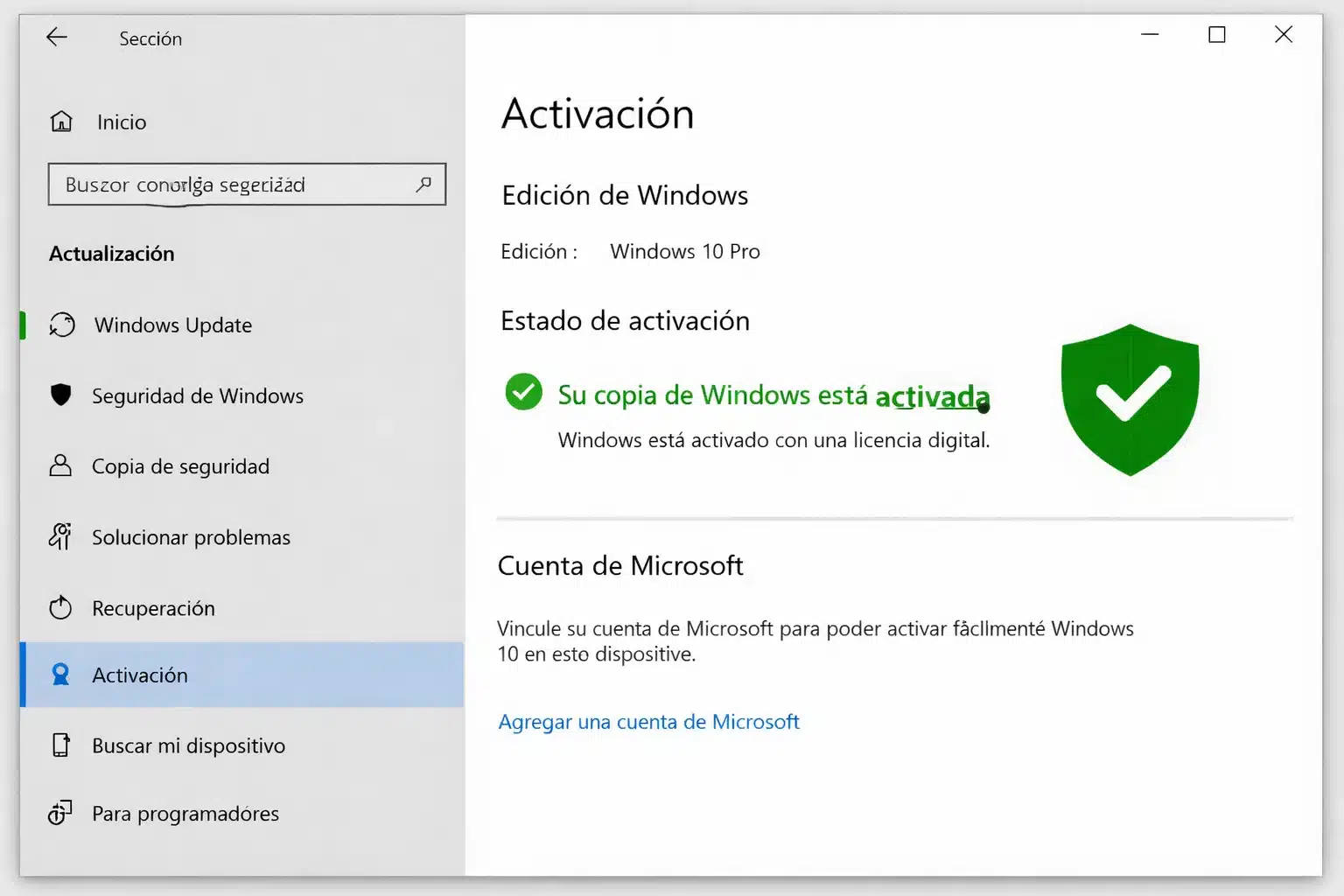 Pantalla de Activación de Windows 10 indicando que Windows está activado