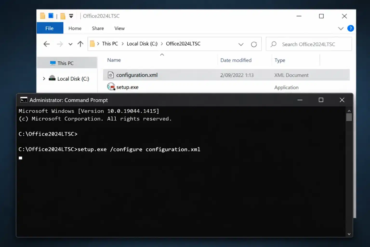 Cómo instalar Office 2024 LTSC con ODT: setup.exe /configure configuration.xml
