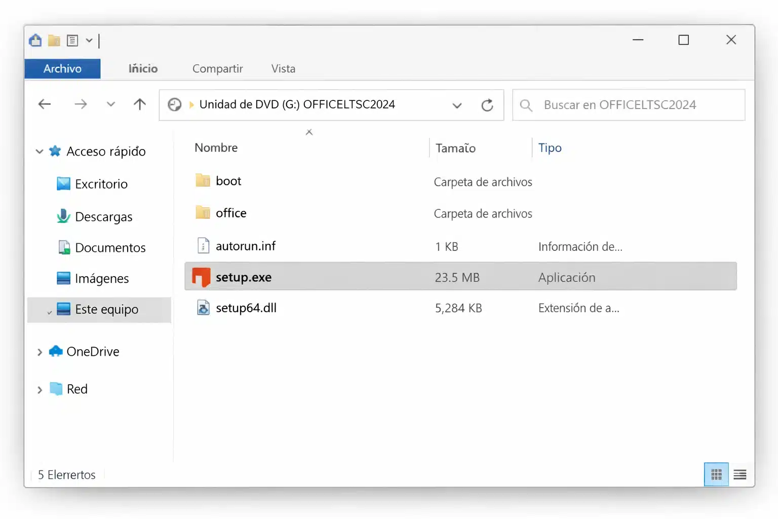 Instalar Office 2024 LTSC: ISO montado y archivo setup.exe