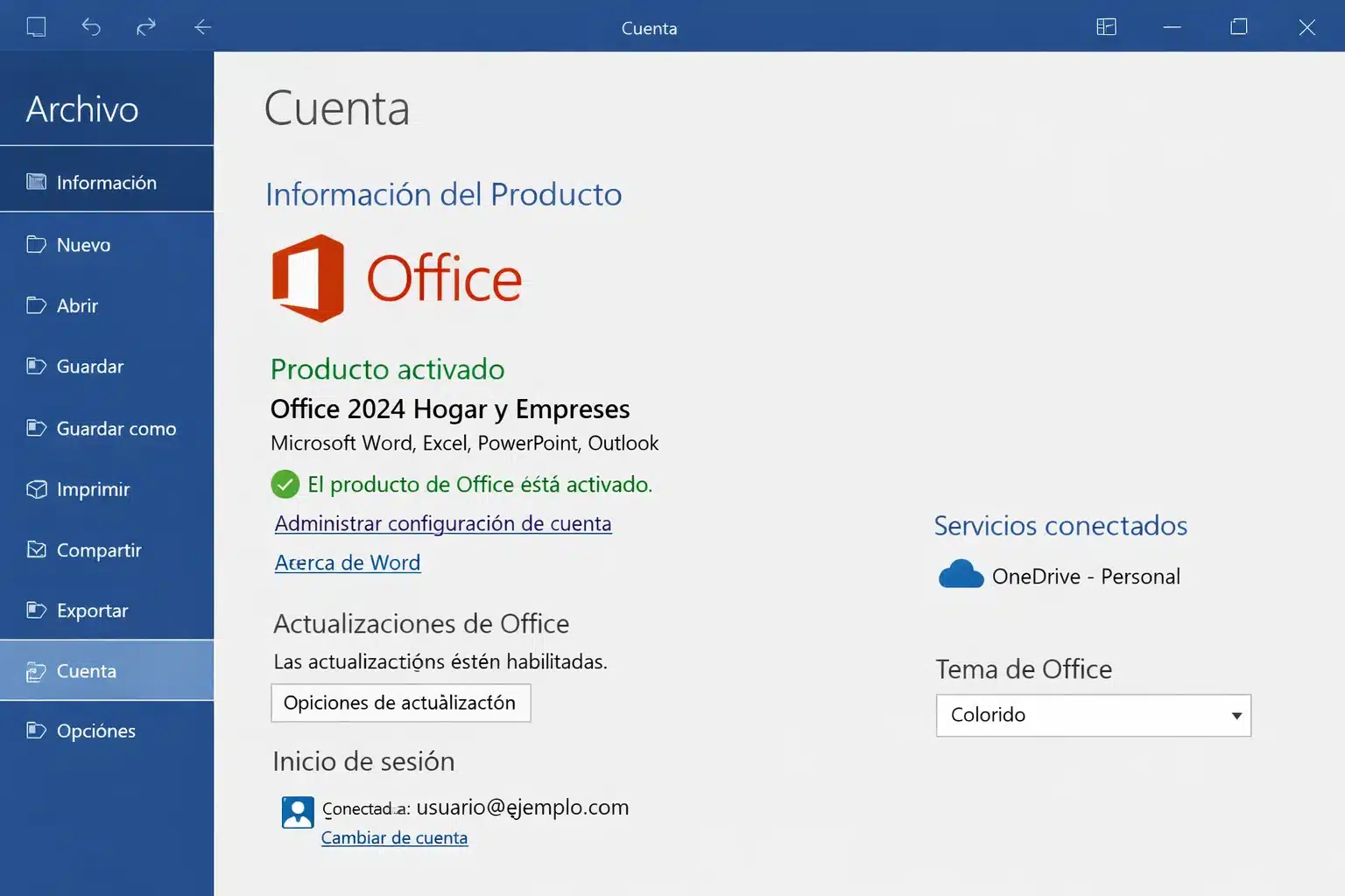 Activar Office 2024 Home & Business en Windows: Archivo Cuenta producto activado