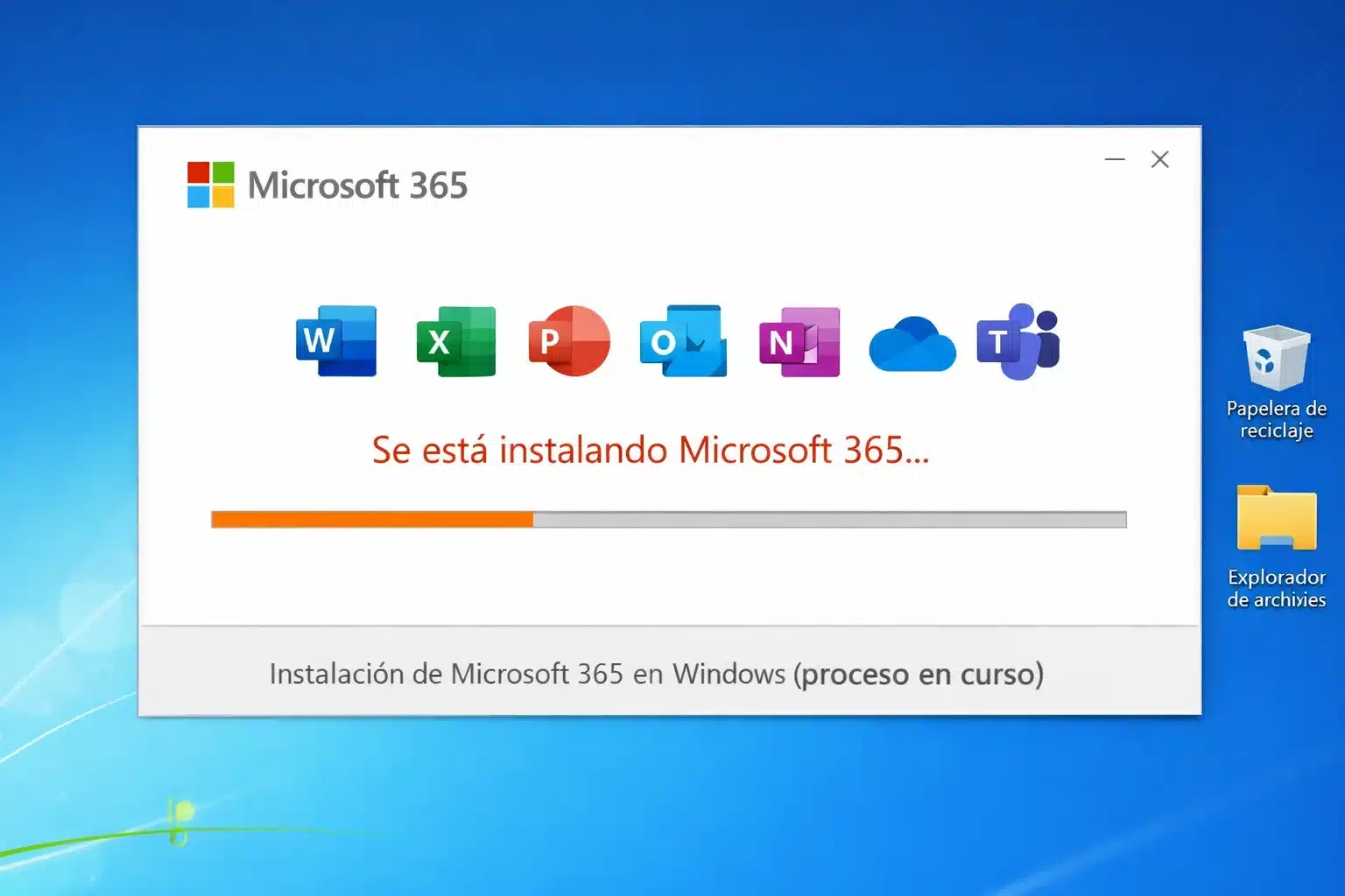 Instalar y activar Microsoft 365: instalación en Windows en progreso