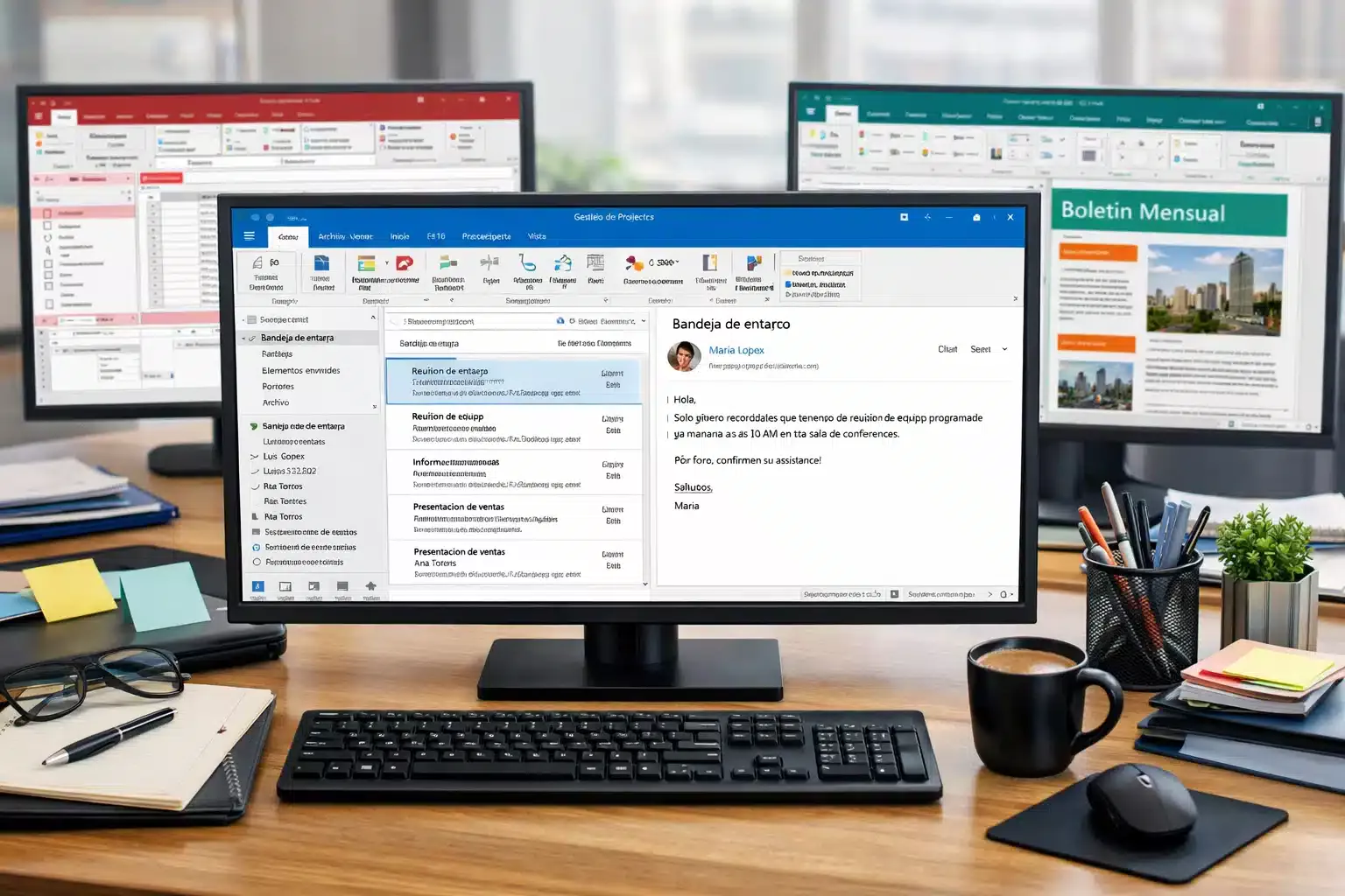 Escena de uso de Outlook, Access y Publisher en Office 2019 Professional Plus