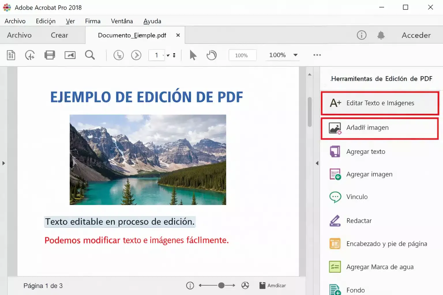 Captura de edición de PDF en Adobe Acrobat Pro 2018 con herramientas de texto e imagen