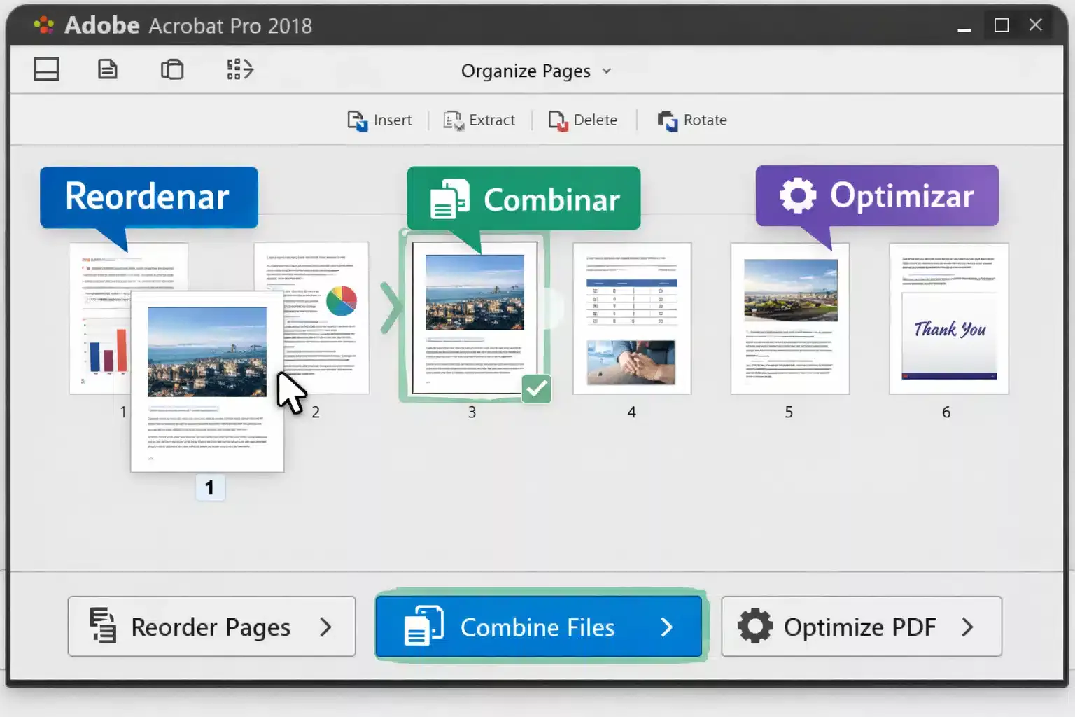 Escena de uso de combinación y organización de páginas en Adobe Acrobat Pro 2018