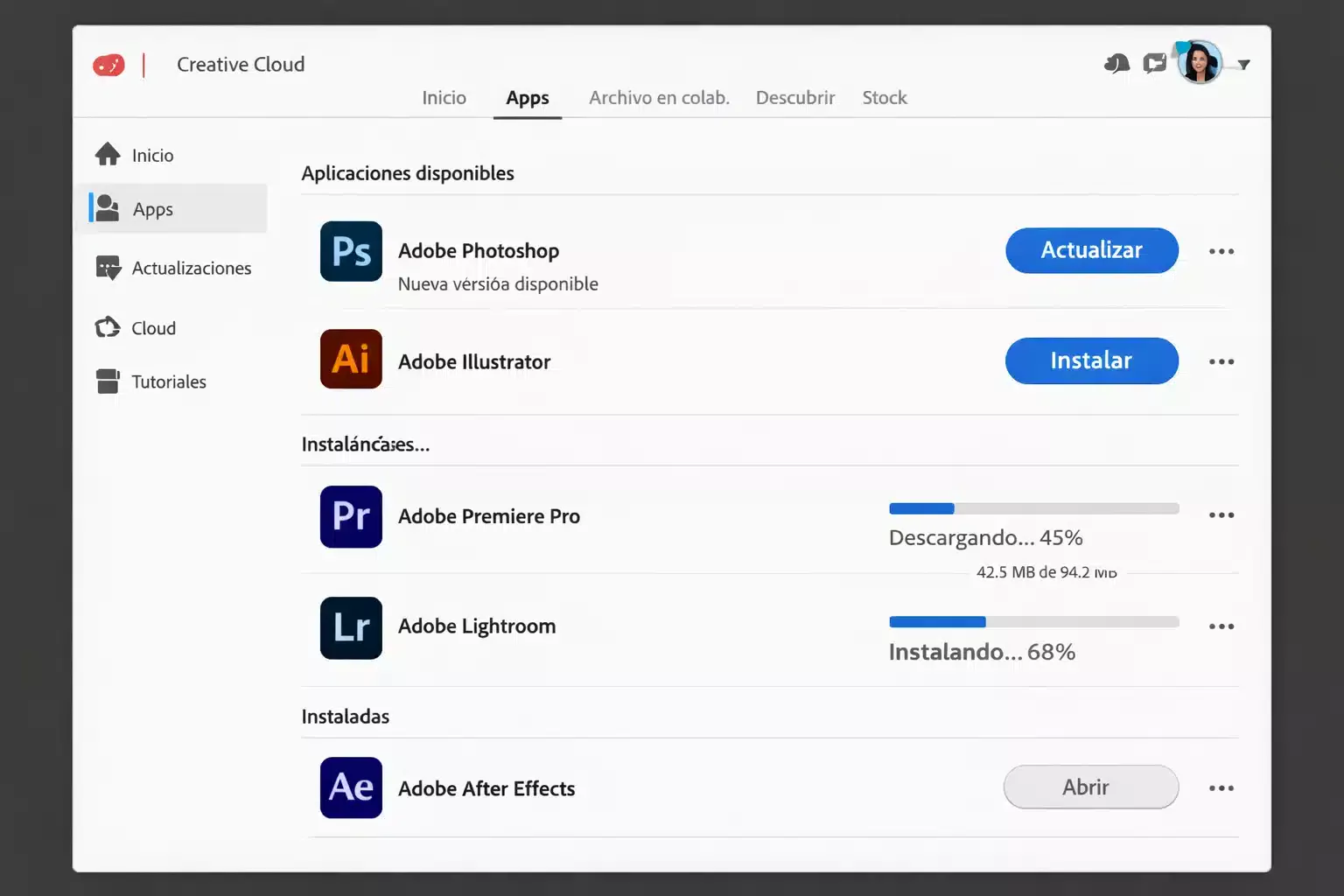 Escena creativa con apps de diseño y video disponibles según plan en Creative Cloud