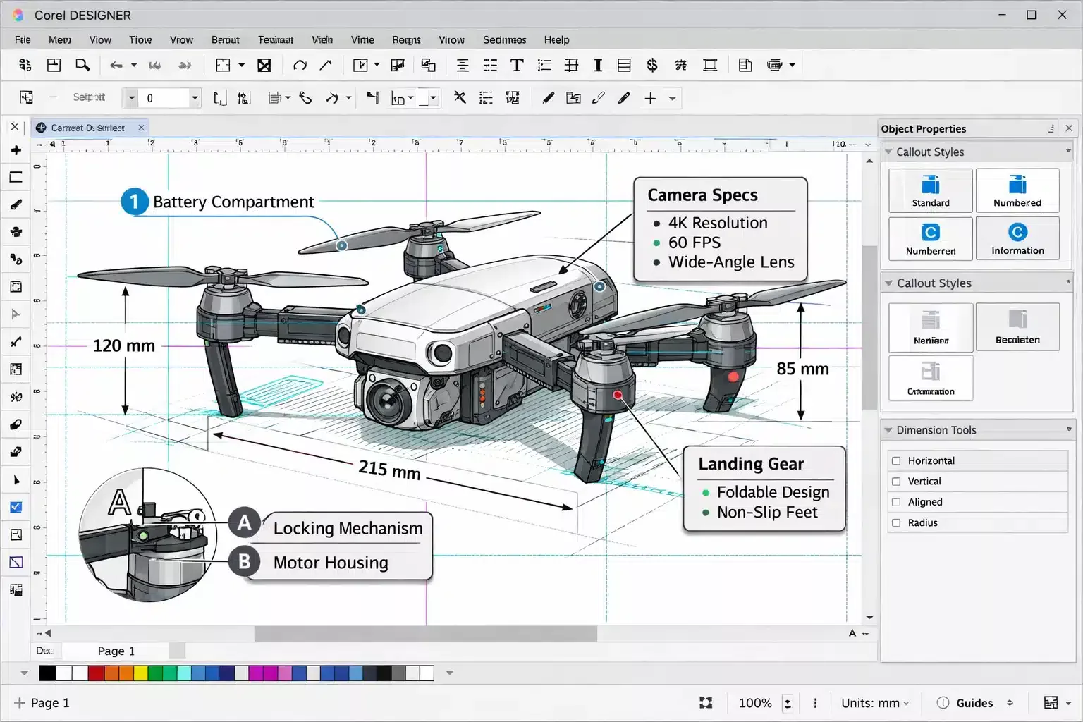Escena de uso en Corel DESIGNER con acotaciones y callouts técnicos