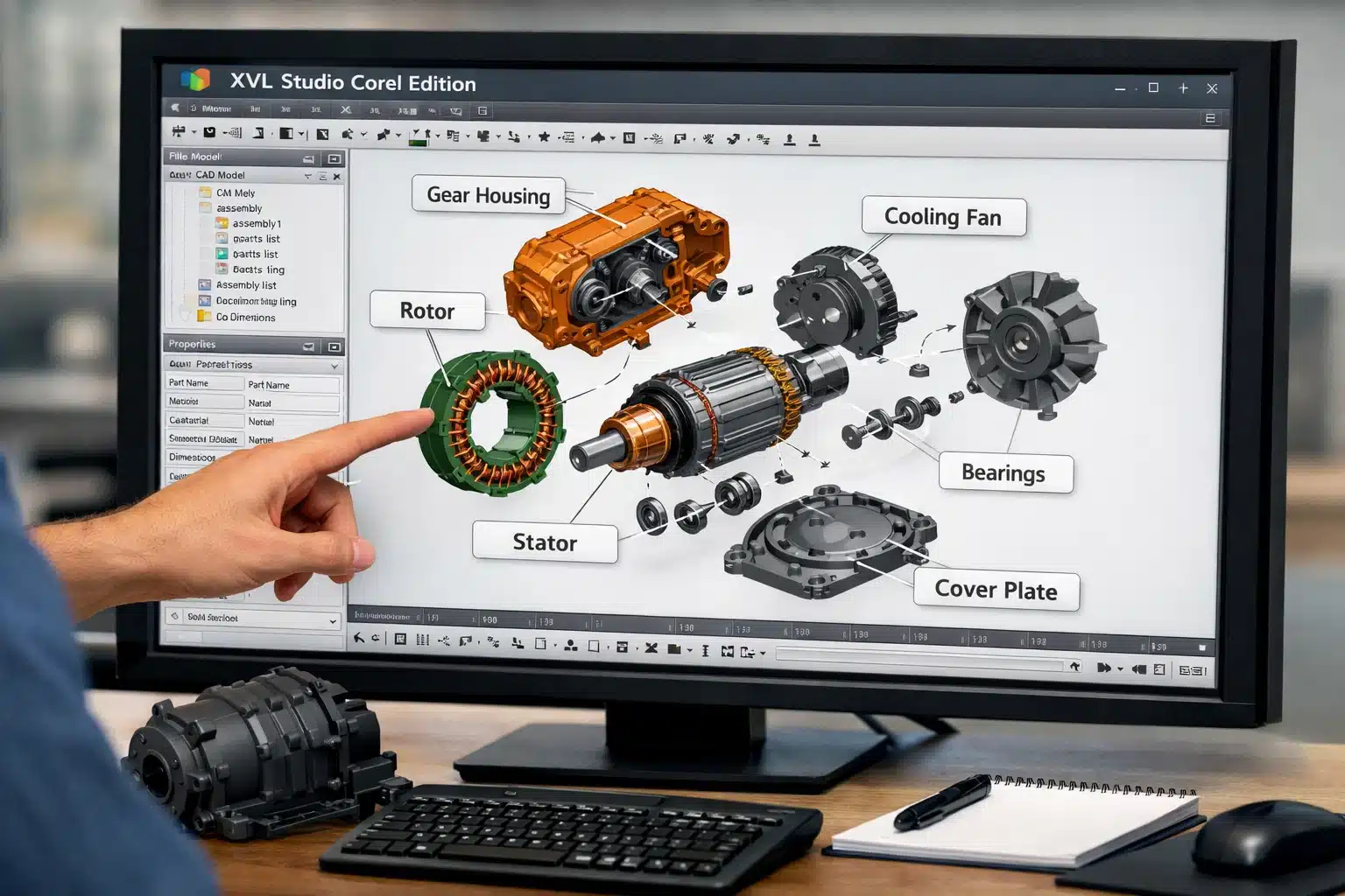 Escena de uso con importación CAD y vista 3D en XVL Studio Corel Edition