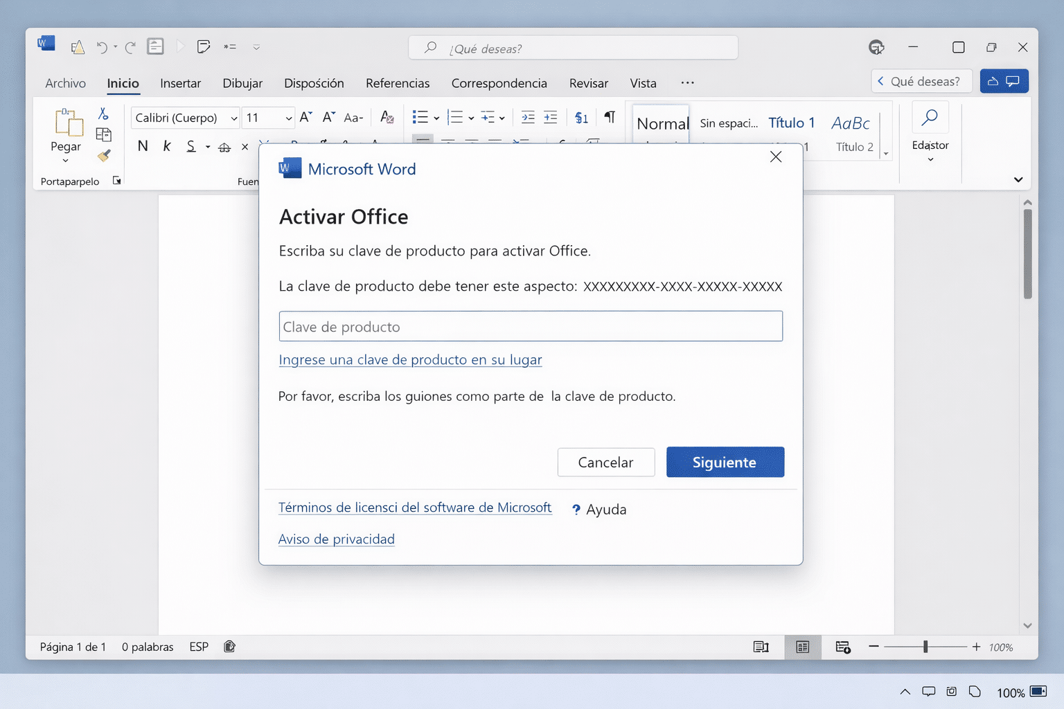 Ventana de activación de Office 2021 Professional Plus solicitando la clave de producto