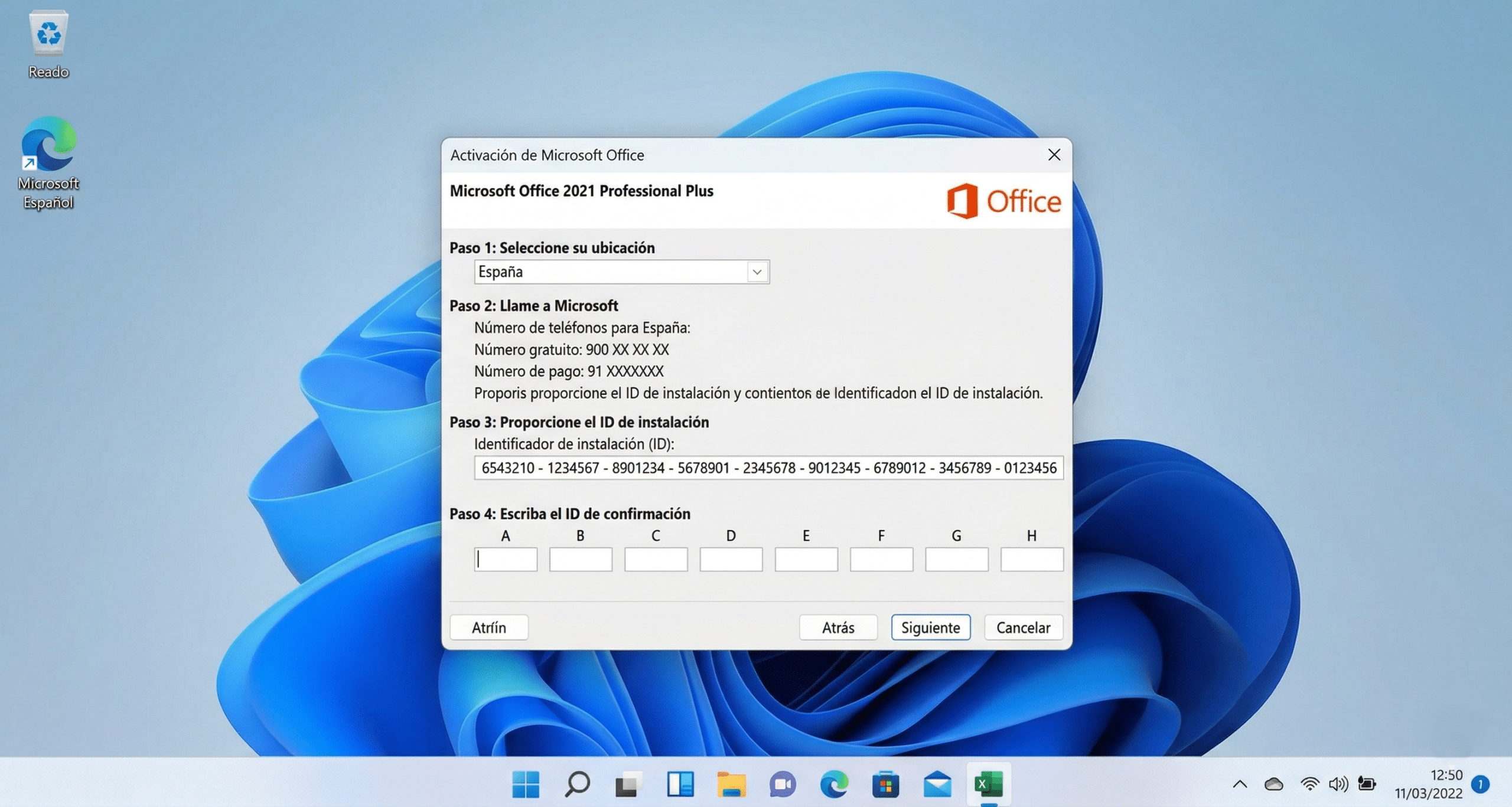 Asistente de activación de Office 2021 Professional Plus mostrando el Installation ID