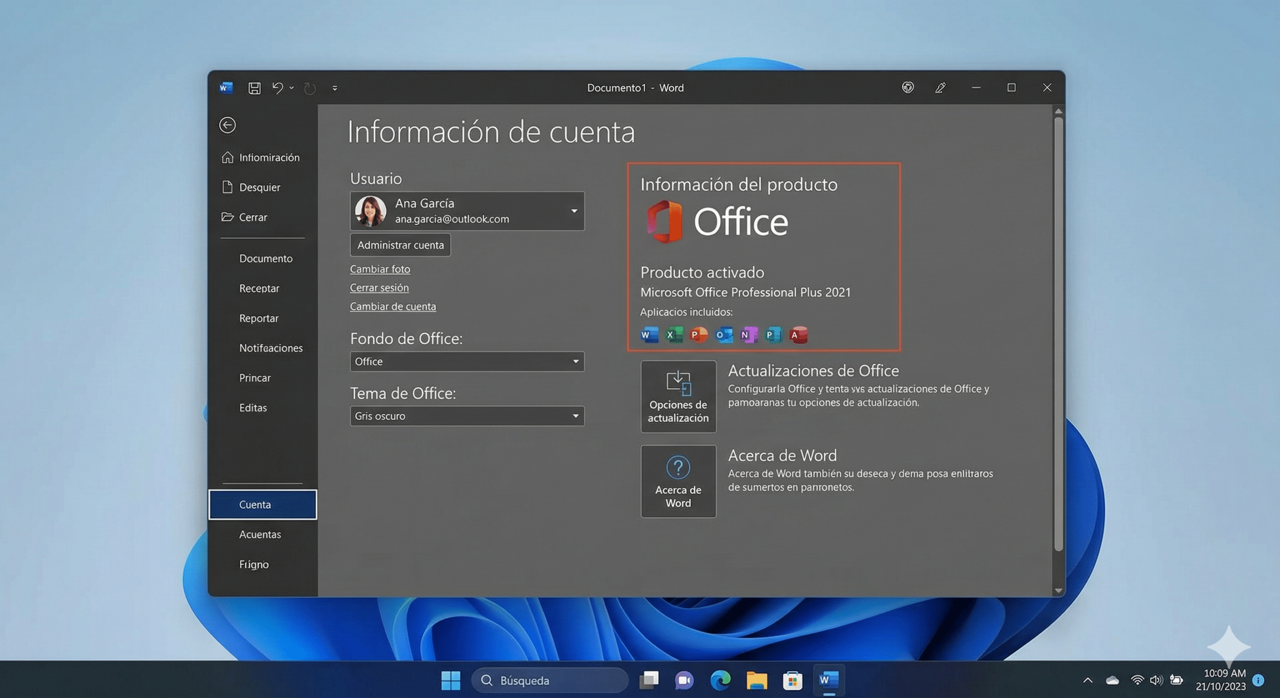 Microsoft Word mostrando Producto activado en Archivo Cuenta de Office 2021 Professional Plus