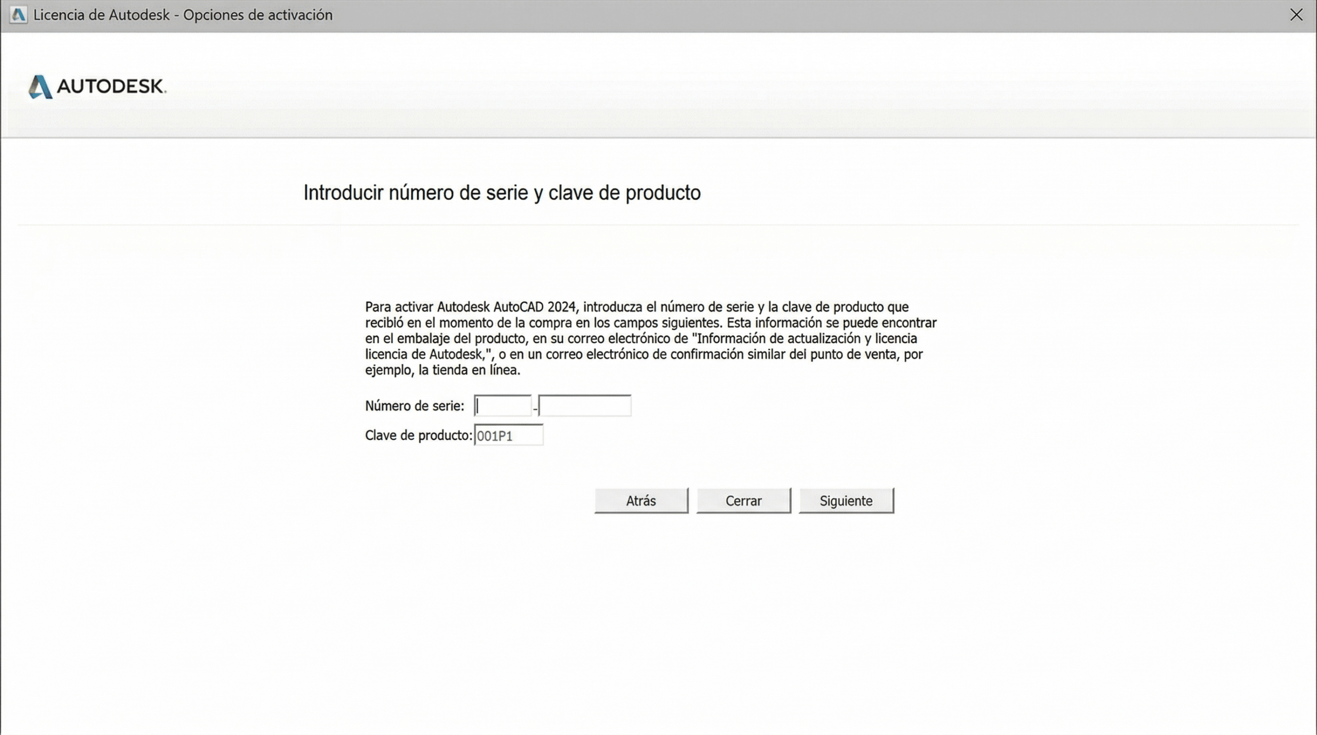 Pantalla de AutoCAD 2024 para ingresar serial number y product key durante la activación