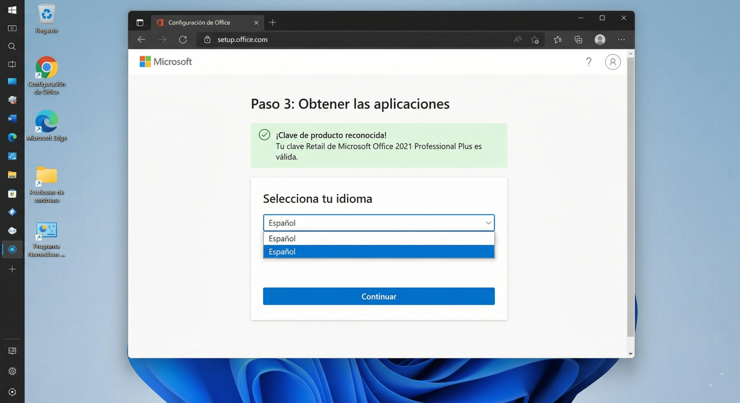 Pantalla de selección de idioma en setup.office.com antes de descargar Office 2021 Professional Plus