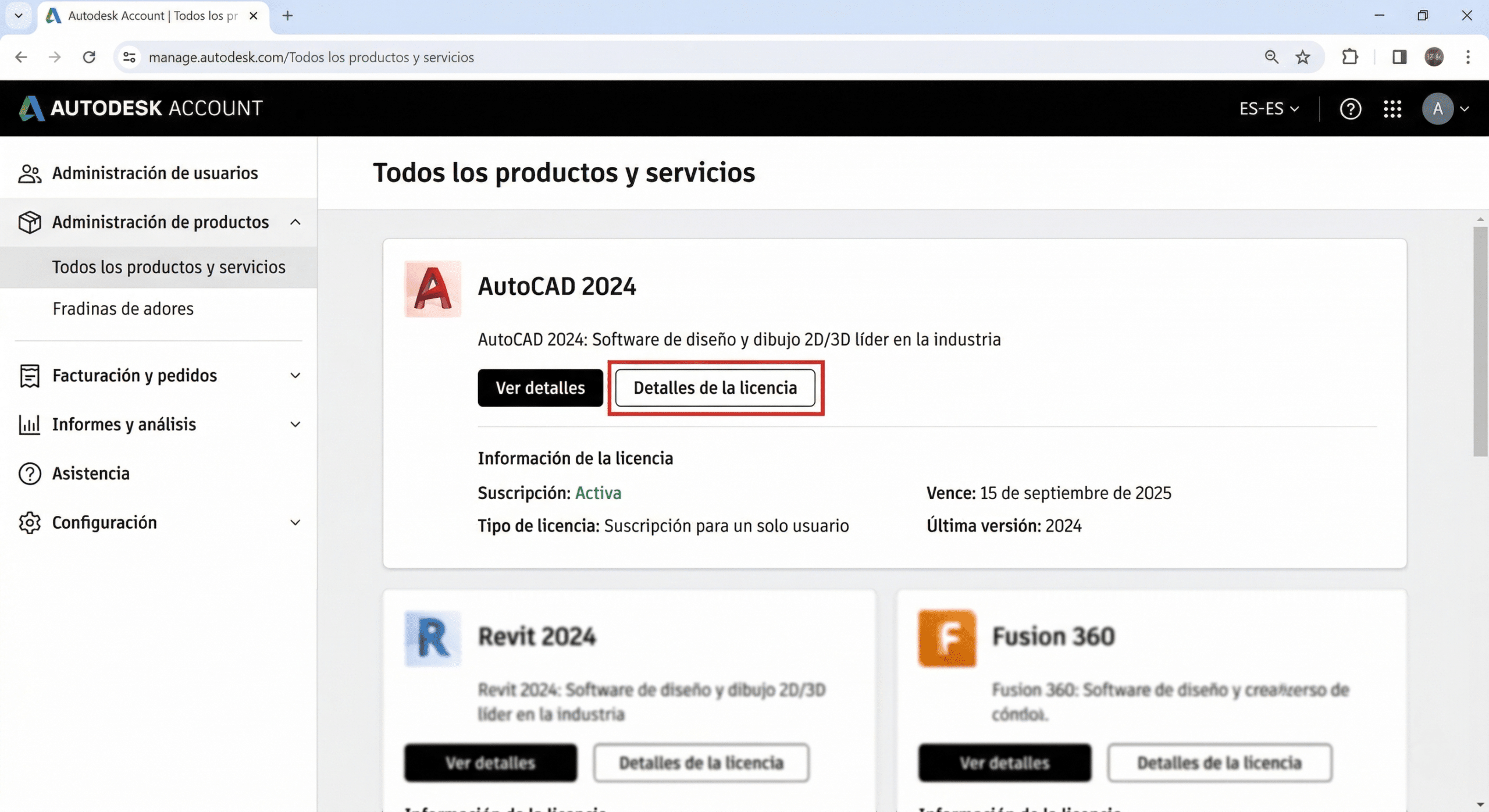 Autodesk Account mostrando View Details y License Details para AutoCAD 2024