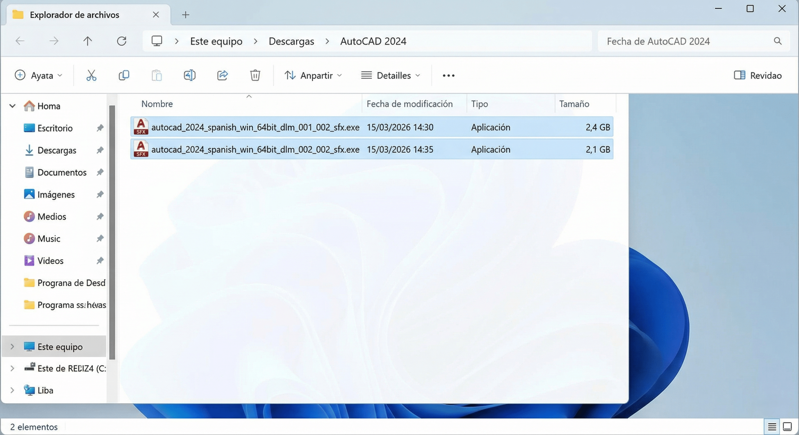 Carpeta de Windows con los archivos de instalación AutoCAD 2024 Spanish Win 64 bit parte 1 y parte 2