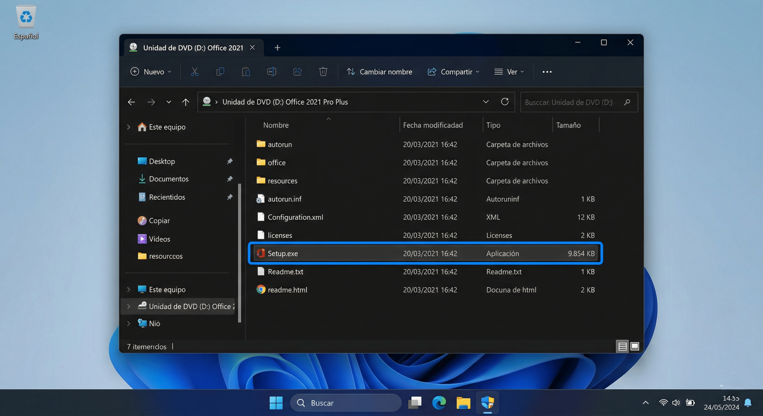 Archivo Setup.exe dentro del instalador de Office 2021 Professional Plus