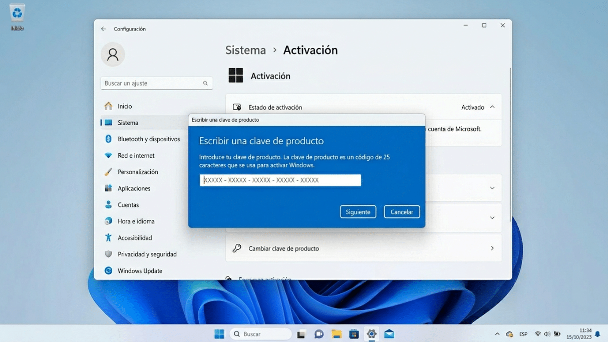Pantalla de activación de Windows mostrando la opción para cambiar la clave de producto