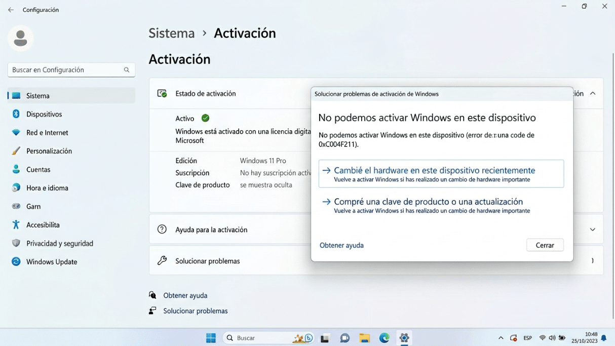 Solucionador de activación de Windows mostrando la opción de cambio reciente de hardware