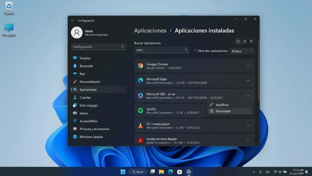 Configuración de Windows mostrando una versión anterior de Office para desinstalar
