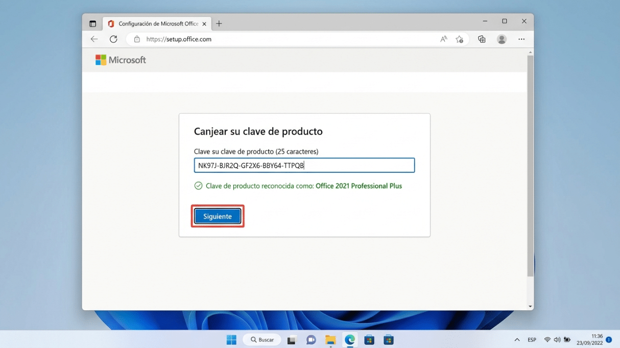 setup.office.com mostrando Office 2021 Professional Plus como producto reconocido
