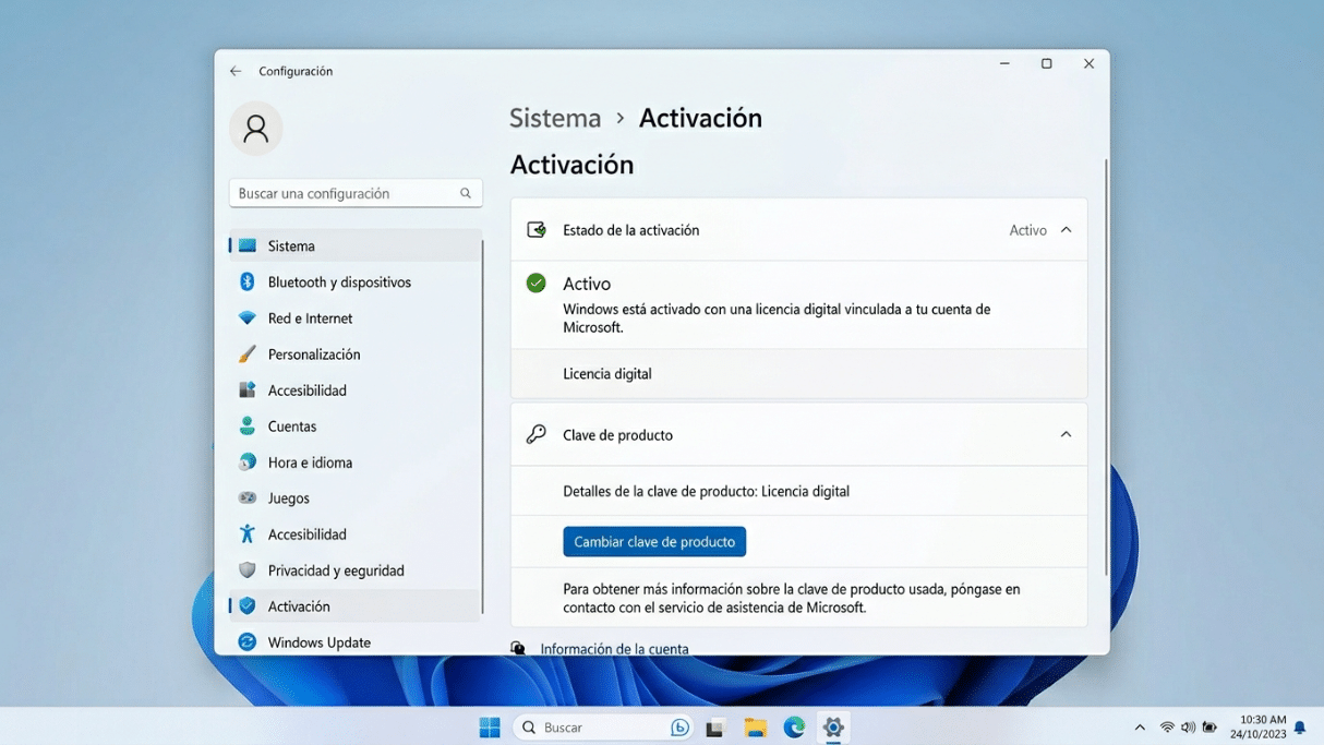 Configuración de Windows mostrando la sección Sistema y Activación