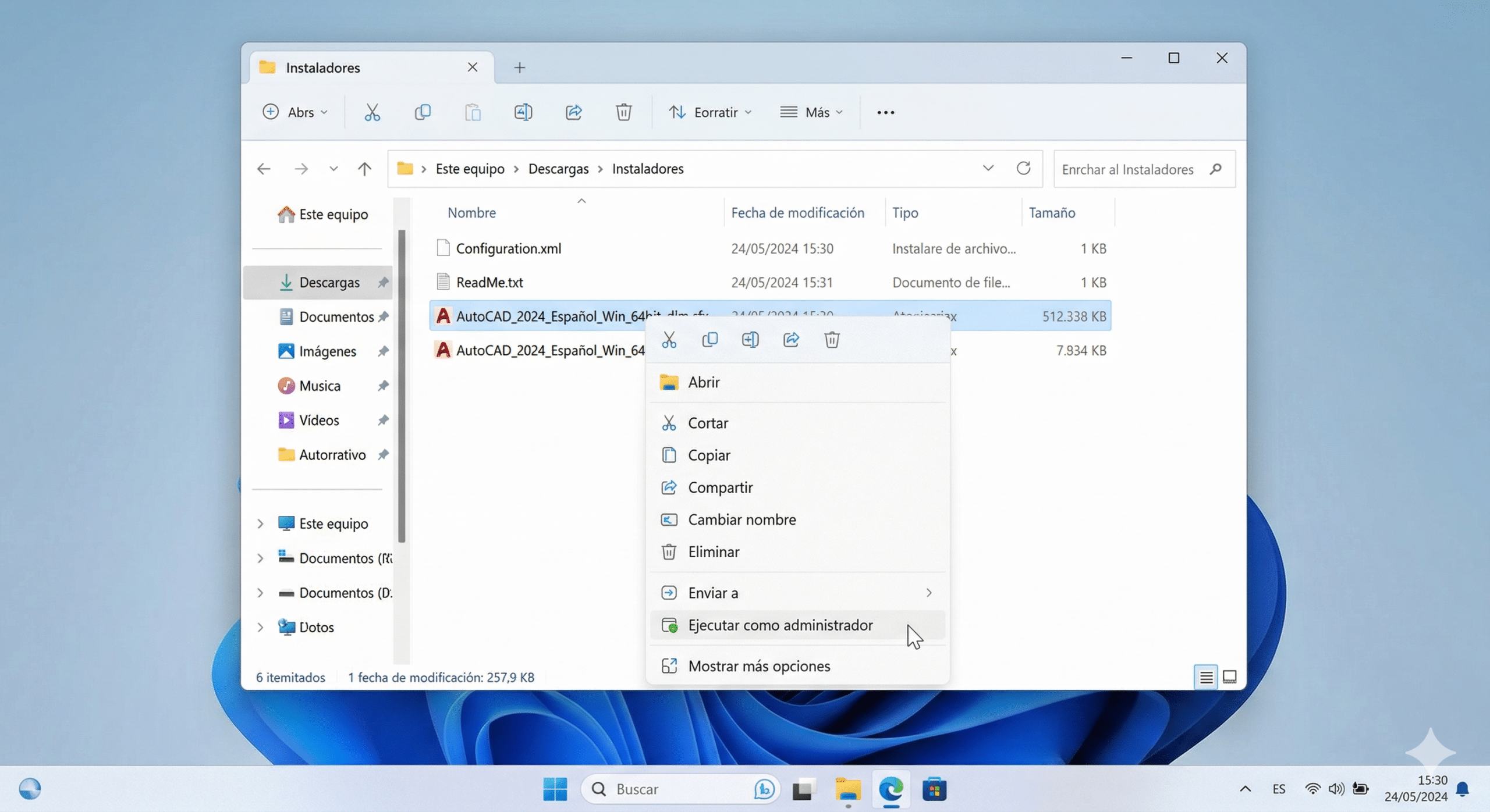 Menú contextual de Windows con la opción Ejecutar como administrador sobre el instalador de AutoCAD 2024