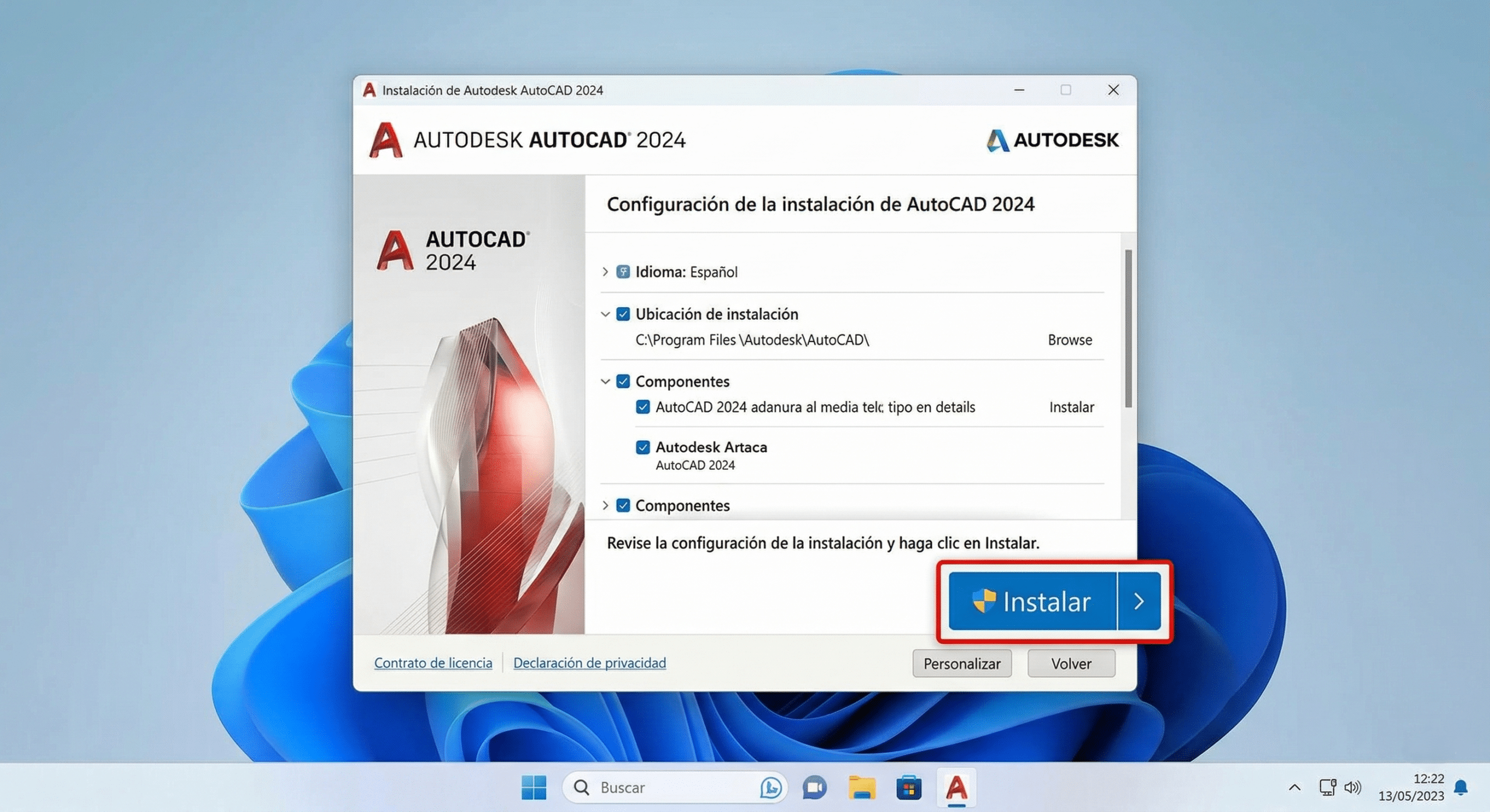 Pantalla del instalador de AutoCAD 2024 con el botón Instalar visible