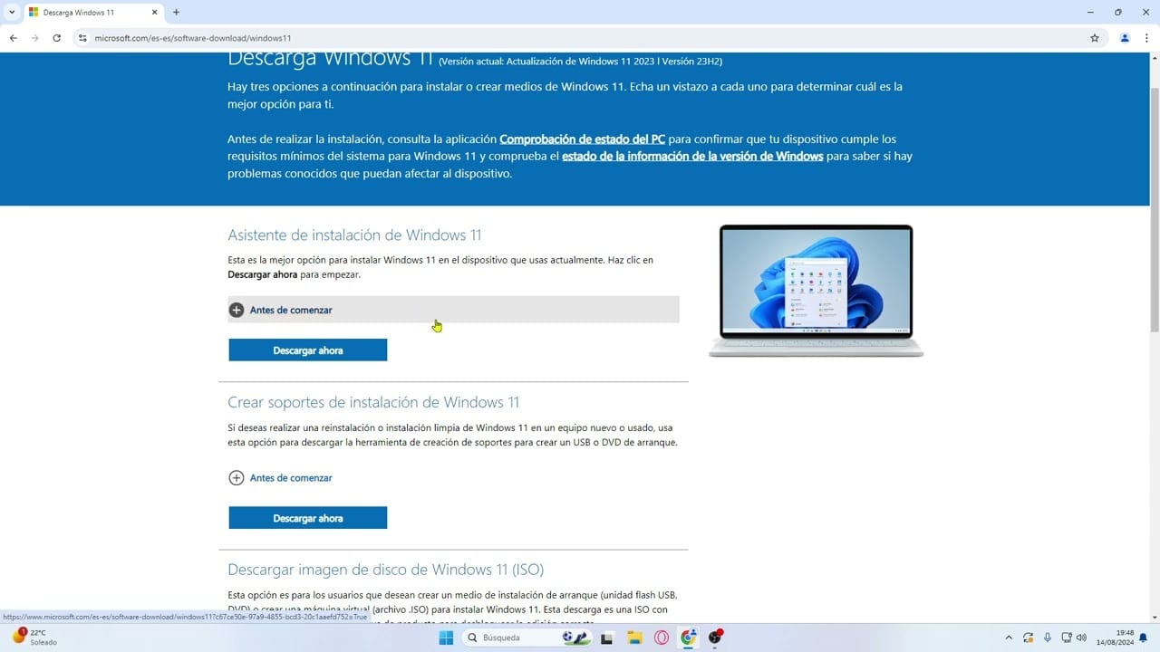 Página oficial de Microsoft para descargar Windows 11 con sus opciones principales