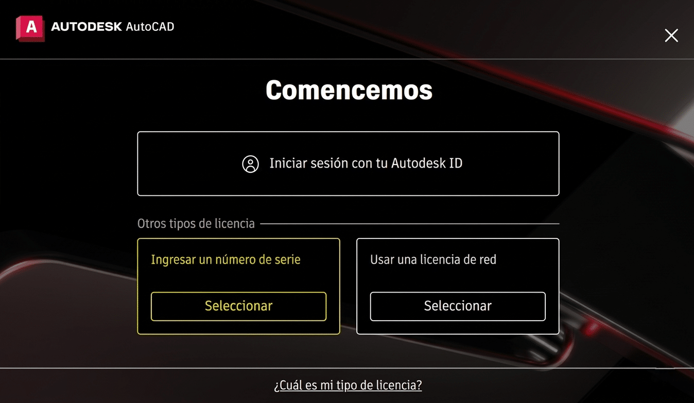 Pantalla inicial de activación de AutoCAD 2024 con las opciones Iniciar sesión con Autodesk ID, Ingresar un número de serie y Usar una licencia de red