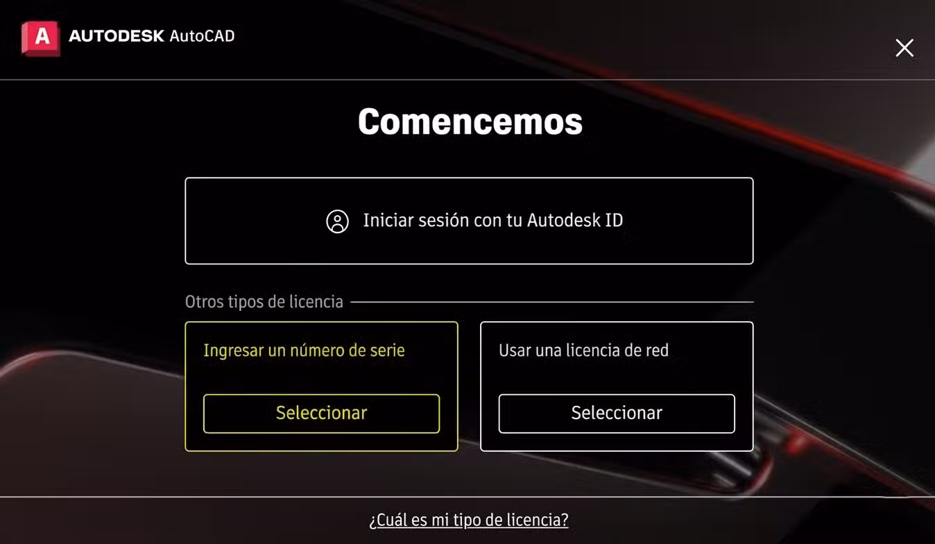 Pantalla inicial de activación de AutoCAD con Start Trial, Buy Now y Change License visible