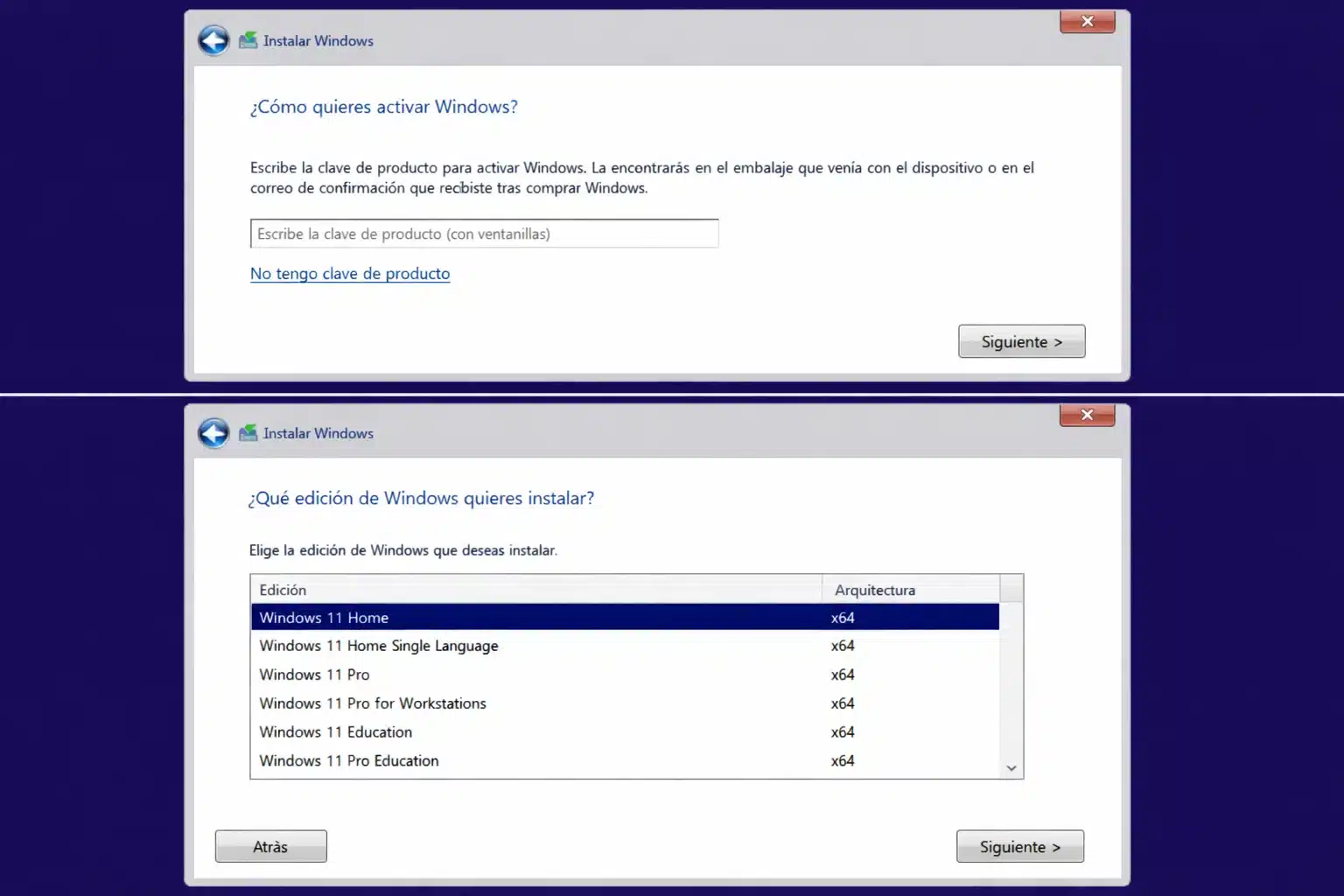 Instalador de Windows mostrando la opción No tengo clave de producto y la selección de edición